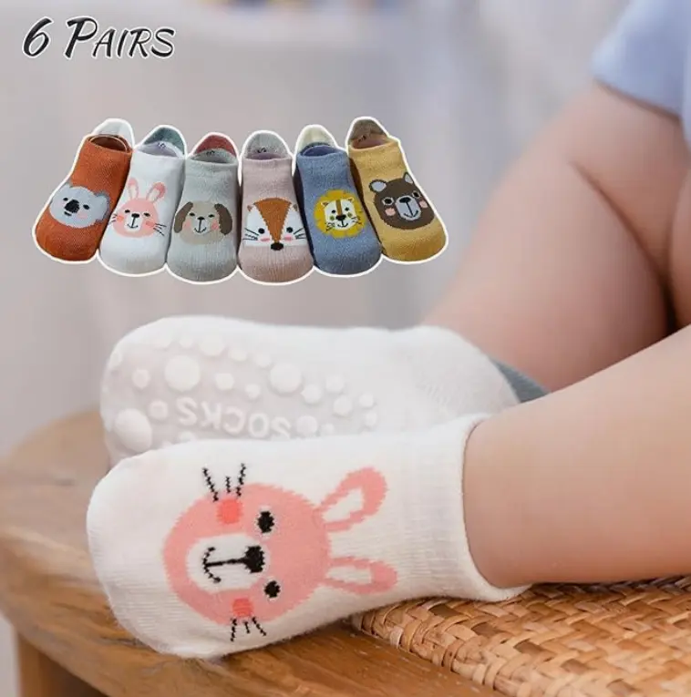 Picture of 6 Pairs of Kid's Non-Slip Socks Animal Element pattren Winter Baby Cartoon Trendyy Boat Socks - Multicolor