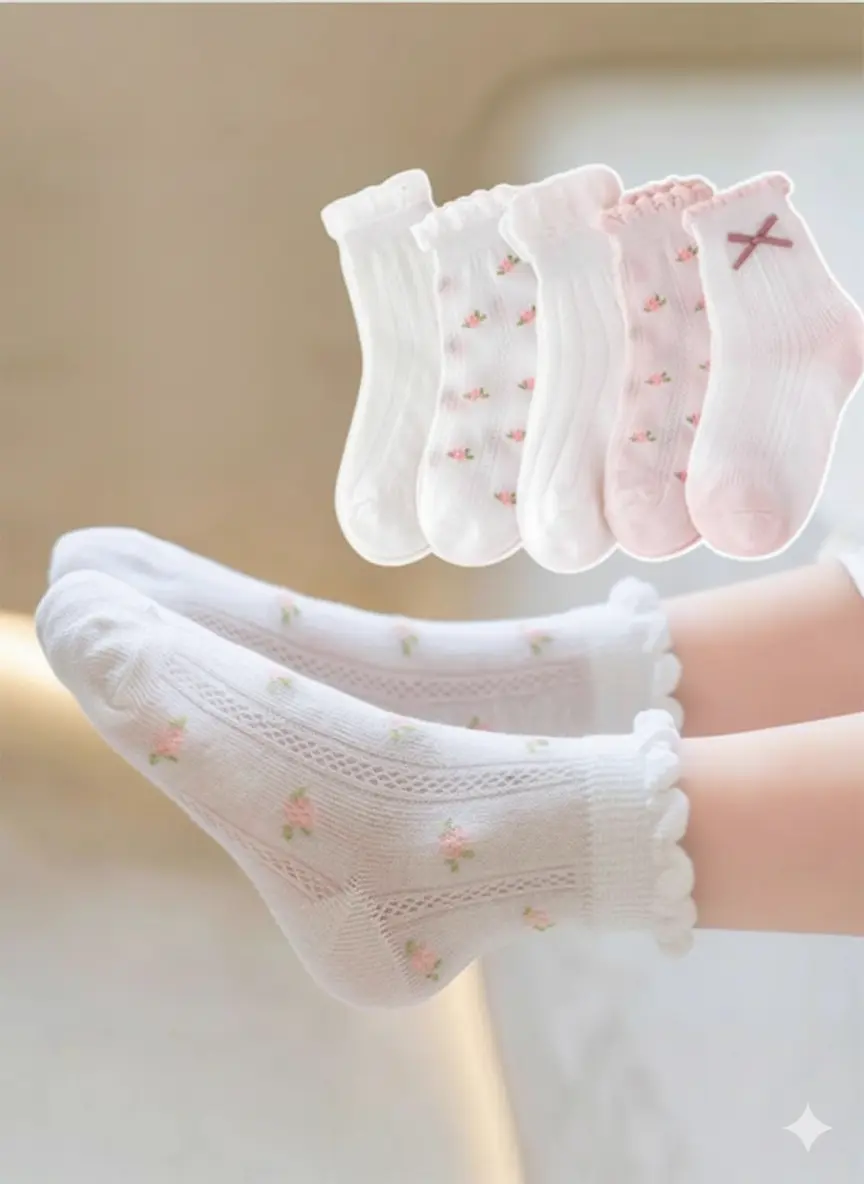 Picture of 5 pairs Children's Socks Thin Mesh, School socks, Princess bow