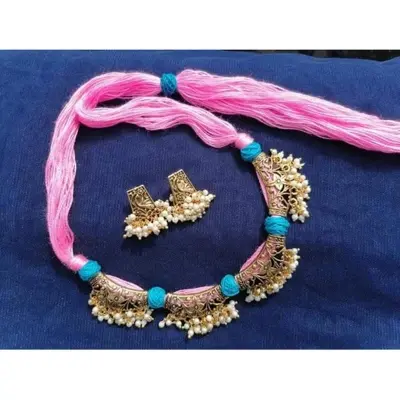 Picture of Jaypuri Traditional Antique Oxidised Choker Necklace Jewellery Set - Multicolor