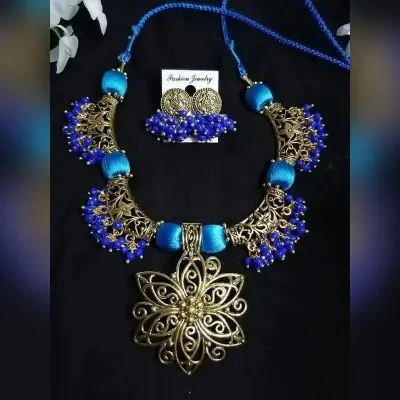 Picture of Jaypuri Traditional Antique Oxidised Choker Necklace Jewellery Set - Multicolor