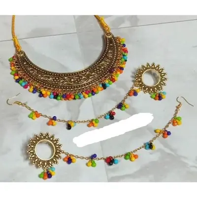 Picture of Gorgeous Party Wear Antique Silver locket Pendant Necklace / Chain Necklace / Choker Necklace for Women / Jewelry set for women Necklace - Multicolor