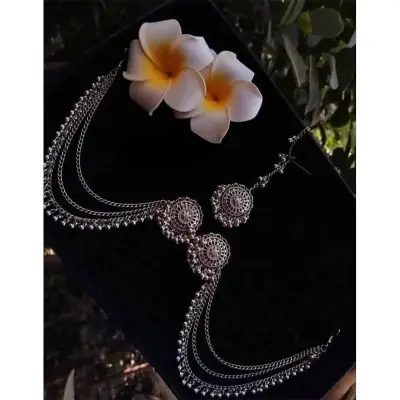 Picture of Gorgeous party wear antique silver necklace and earring set for girls and woman. - Green