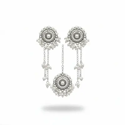 Picture of Gorgeous party wear antique silver necklace and earring set for girls and woman. - Gold