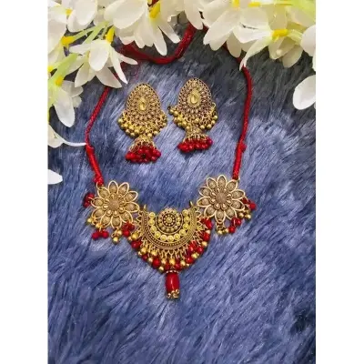 Picture of Gorgeous party wear antique Golden necklace and earring set for girls and woman. - Gold