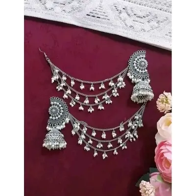 Picture of Gorgeous party wear antique silver necklace and earring set for girls and woman. - Silver