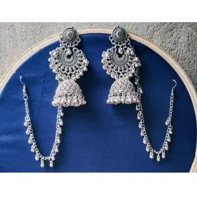 Picture of Gorgeous party wear antique silver necklace and earring set for girls and woman. - Silver