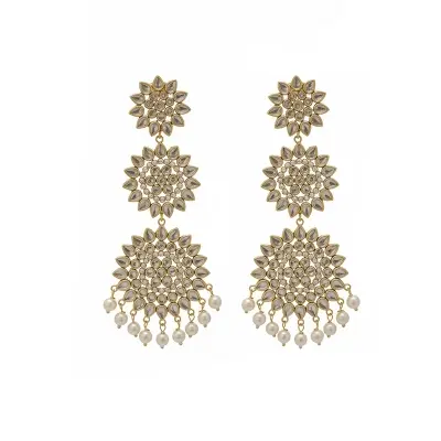 Picture of Gorgeous party wear antique golden necklace and earring set for girls and woman. - Gold