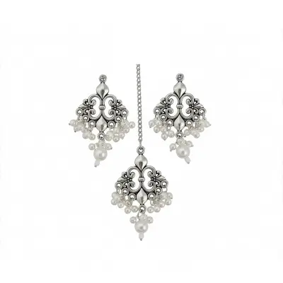 Picture of Gorgeous party wear antique silver necklace and earring set for girls and woman - Silver