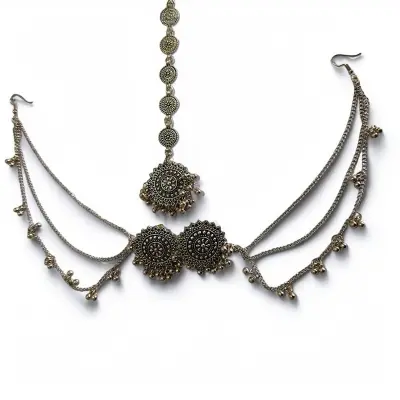 Picture of Antics Jewelry Set for Women Necklace Earrings Maangtikka Golden Metal Fashion Accessory for Special Occasions - Multicolor