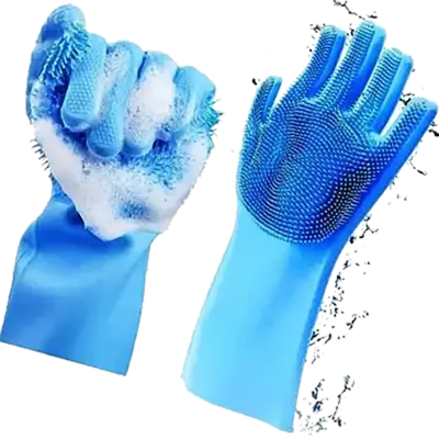 Picture of Silicone Dish Washing Kitchen Hand Gloves 2 pcs ( Blue) - Blue
