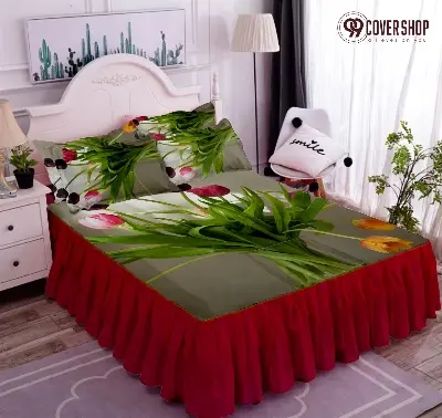 Picture of Bedsheet king size pillow cover and kolbalisher cover (Army Green tulip red,KING)