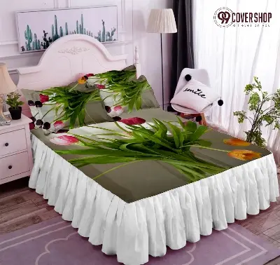 Picture of Bedsheet king size pillow cover and kolbalisher cover (Army Green tulip white,KING)