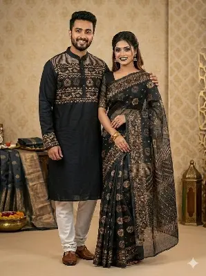 Picture of Fashionable Block Print Saree Panjabi For Combo Couple Dress Saree & Panjabi Set