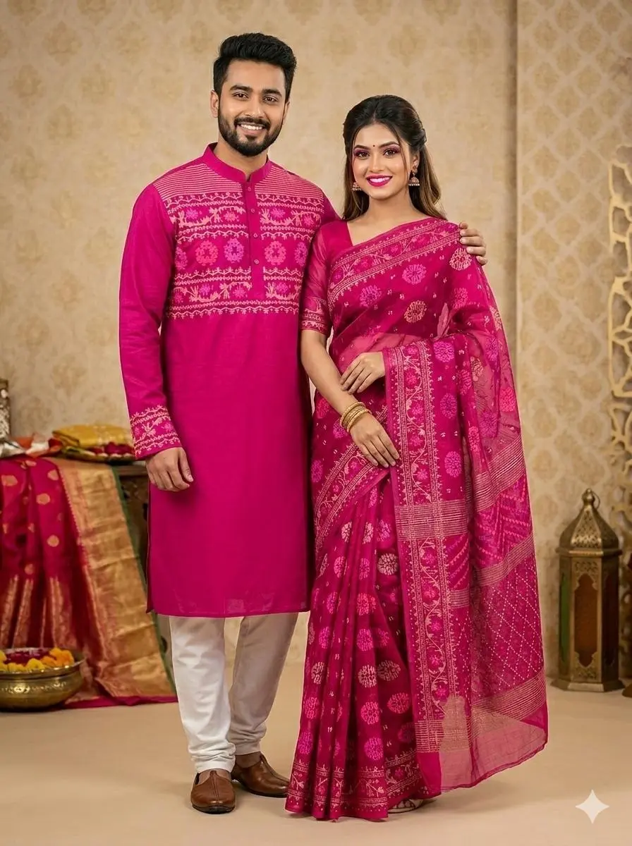 Picture of Fashionable Block Print Saree Panjabi For Combo Couple Dress Saree & Panjabi Set