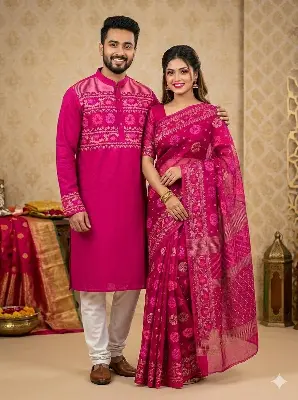 Picture of Fashionable Block Print Saree Panjabi For Combo Couple Dress Saree & Panjabi Set