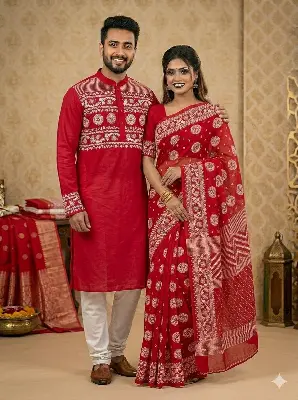 Picture of Fashionable Block Print Saree Panjabi For Combo Couple Dress Saree & Panjabi Set