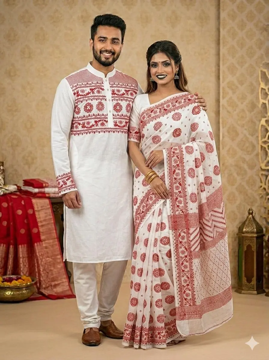 Picture of Fashionable Block Print Saree Panjabi For Combo Couple Dress Saree & Panjabi Set