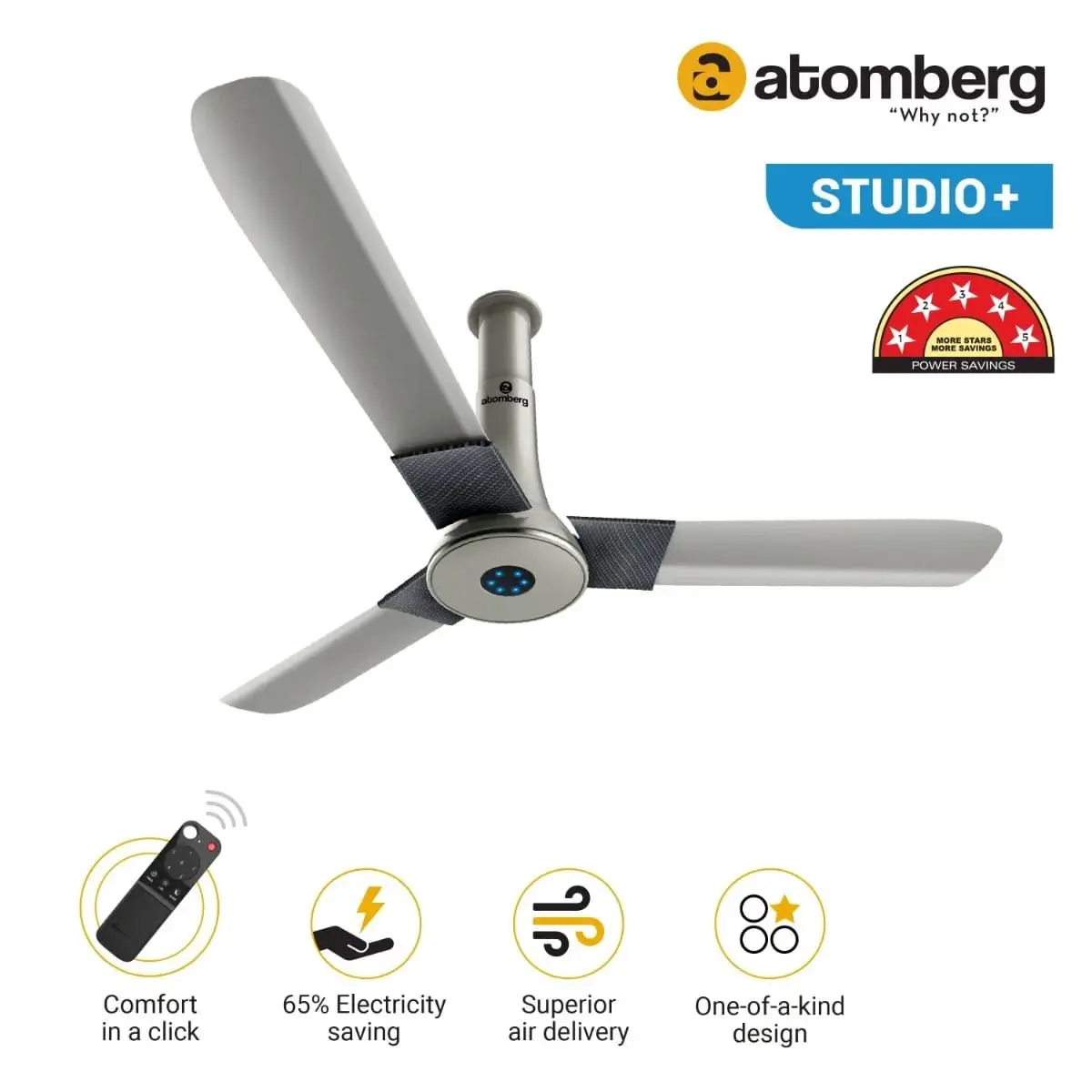 Picture of Atomberg Studio+ Energy Saving Ceiling Fan with BLDC Motor, 1200mm/48 inch, 360 RPM, 35watt, With Smart Remote