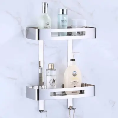 Picture of Wall Mounted Storage Shelves Racks | Stainless Steel Bathroom/Toilet Double Layer Shelf | Toilet Shampoo Soap Shower Holder (Double Layer with Hook) - bathroom accessories