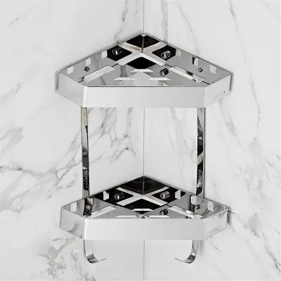 Picture of Diamond Shape Double Layer Stainless steel Shower Shelf Racks Bathroom Shelf, Chrome Bath Shower Shelf, Stainless Steel, Bathroom Corner Shelf, Wall Mounted  Kitchen Storage Holder Shower Caddy (Silver)