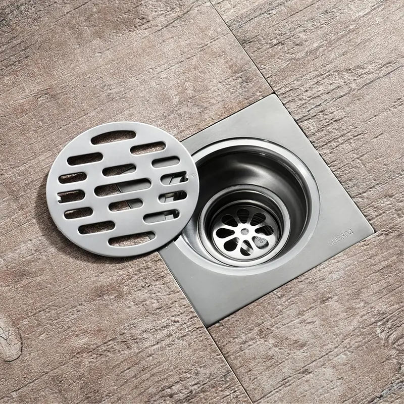 Picture of Square Floor Drain, 304 Stainless Steel Brushed Bathroom Floor Drain, 5inch Shower Floor Drain with Removable Cover and Hair Strainer, for Kitchen, Washroom, Bathroom Show (Silver)