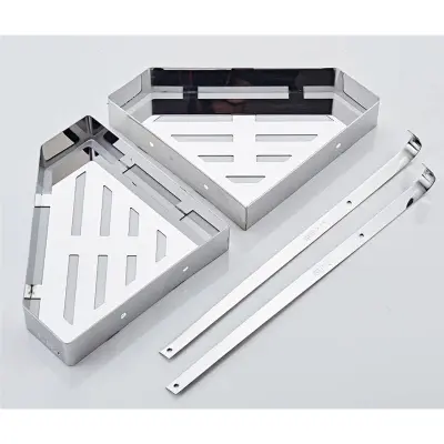 Picture of Diamond Shape Double Layer Stainless steel Shower Shelf Racks Bathroom Shelf, Chrome Bath Shower Shelf, Stainless Steel, Bathroom Corner Shelf, Wall Mounted  Kitchen Storage Holder Shower Caddy (Silver)