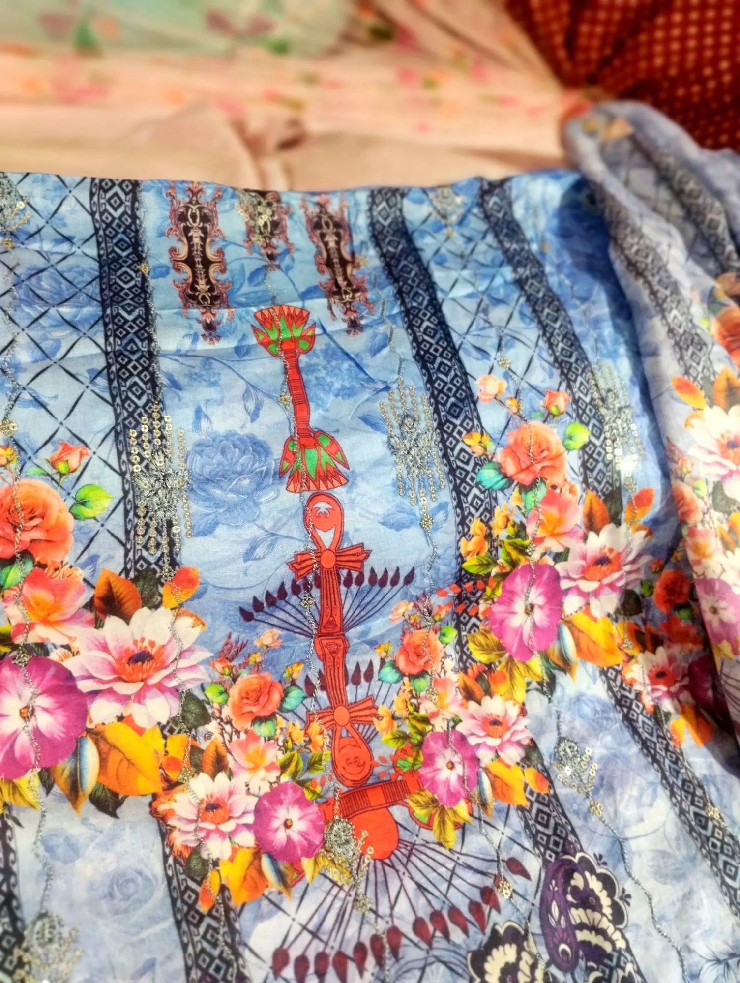 Picture of Elegant Cotton 3-Piece Salwar Kameez - Printed & Embroidered with Sequins Work