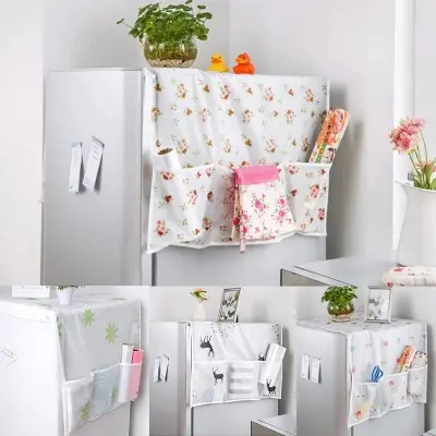 Picture of Waterproof Fridge Cover | Dustproof PEVA Cloth with Printed Pattern | Refrigerator & Washing Machine Cover with Side Storage Pockets