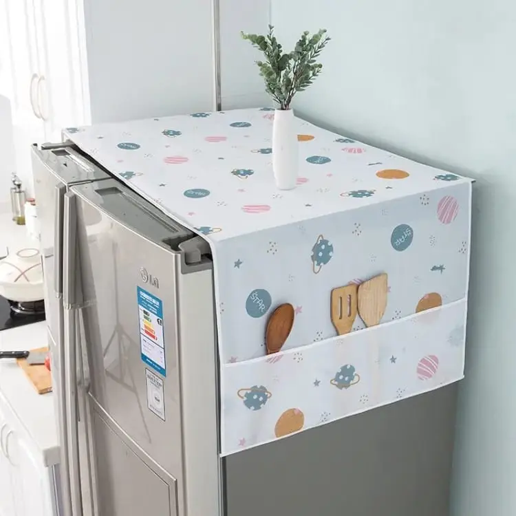 Picture of Waterproof Fridge Cover | Dustproof PEVA Cloth with Printed Pattern | Refrigerator & Washing Machine Cover with Side Storage Pockets