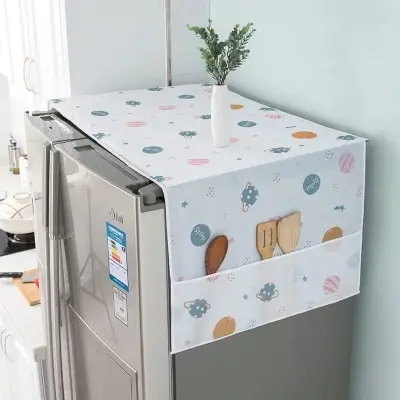 Picture of Waterproof Fridge Cover | Dustproof PEVA Cloth with Printed Pattern | Refrigerator & Washing Machine Cover with Side Storage Pockets