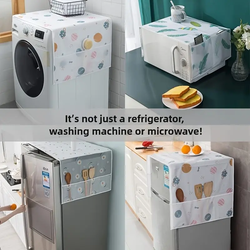 Picture of Waterproof Fridge Cover | Dustproof PEVA Cloth with Printed Pattern | Refrigerator & Washing Machine Cover with Side Storage Pockets