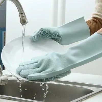 Picture of Silicone Dish Washing Kitchen Hand Gloves with Built-in Scrubbers – Multipurpose Cleaning Gloves Blue