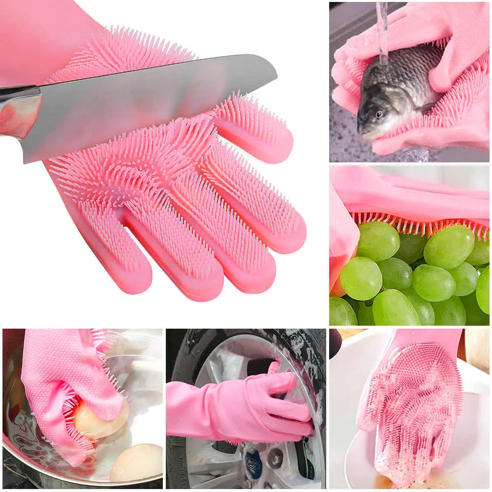 Picture of Silicone Dish Washing Kitchen Hand Gloves with Built-in Scrubbers – Multipurpose Cleaning Gloves Blue