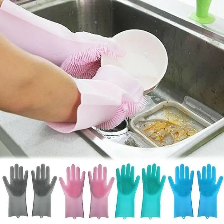 Picture of Silicone Dish Washing Kitchen Hand Gloves with Built-in Scrubbers – Multipurpose Cleaning Gloves Blue