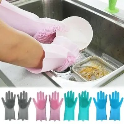 Picture of Silicone Dish Washing Kitchen Hand Gloves with Built-in Scrubbers – Multipurpose Cleaning Gloves Blue