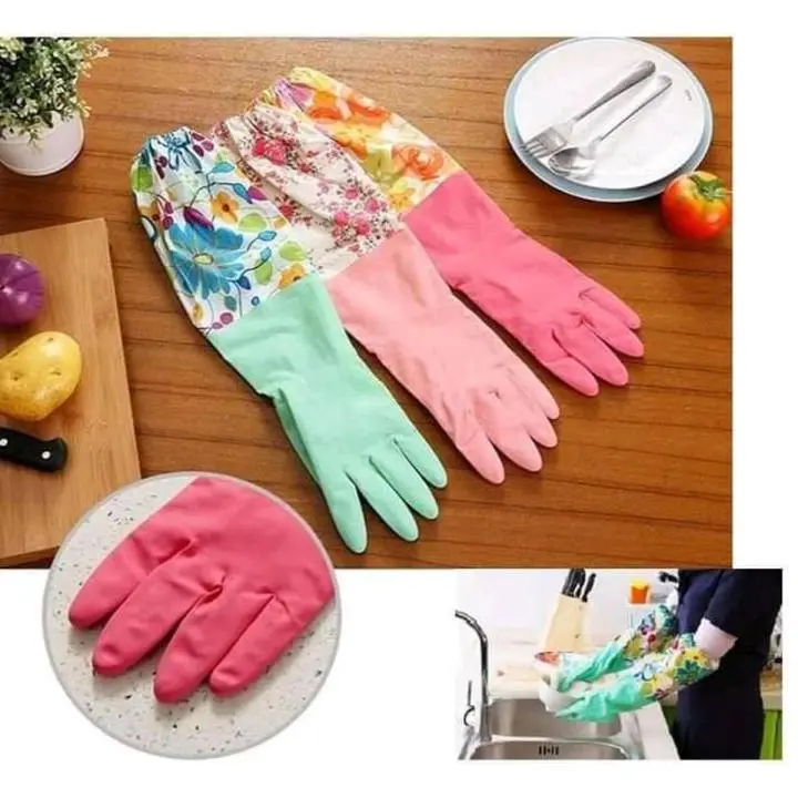 Picture of 1 Pair Household Multi-purpose Hand Gloves with Soft Fiber Lining, Extra Long Cuff & Textured Grip – Waterproof Cleaning Gloves Multicolor