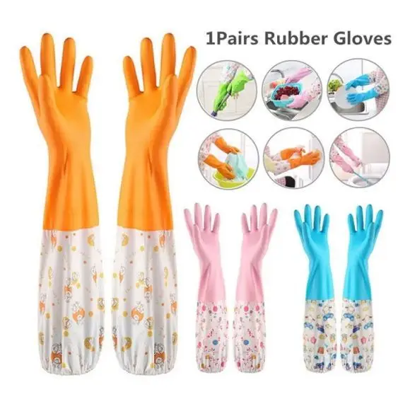 Picture of 1 Pair Household Multi-purpose Hand Gloves with Soft Fiber Lining, Extra Long Cuff & Textured Grip – Waterproof Cleaning Gloves Multicolor