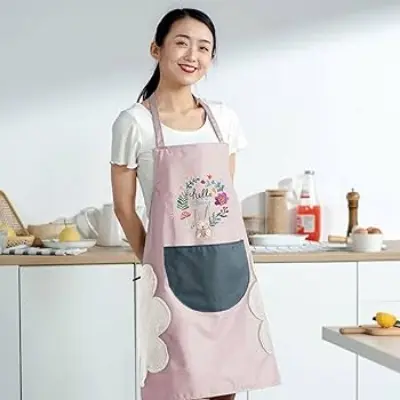 Picture of Waterproof & Oil-Proof Kitchen Apron with Hand-Wipe Towels | Adjustable Cooking Apron for Women | Large Front Pocket | Cute Cartoon Rabbit & Floral Wreath Design Multicolor