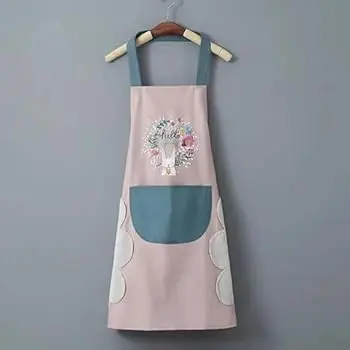Picture of Waterproof & Oil-Proof Kitchen Apron with Hand-Wipe Towels | Adjustable Cooking Apron for Women | Large Front Pocket | Cute Cartoon Rabbit & Floral Wreath Design Multicolor
