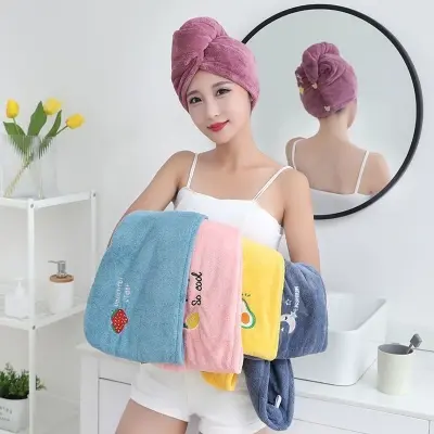 Picture of Quick Dry Microfiber Hair Towel Wrap Turban for Women & Girls | Super Absorbent Hair Drying Cap | Soft Bath Head Towel with Button | Cute Embroidered Design Multicolor