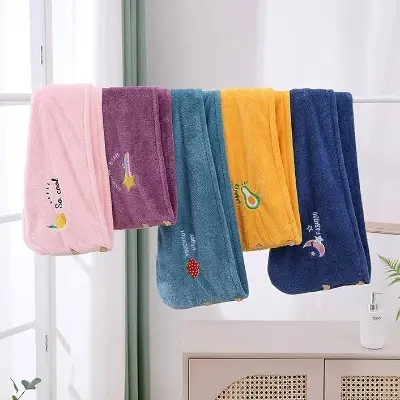 Picture of Quick Dry Microfiber Hair Towel Wrap Turban for Women & Girls | Super Absorbent Hair Drying Cap | Soft Bath Head Towel with Button | Cute Embroidered Design Multicolor