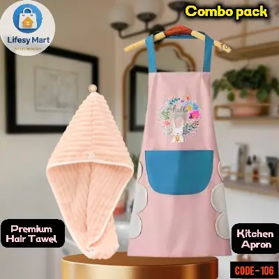 Picture of Super Absorbent Hair Towel Wrap & Premium Kitchen Apron Combo Pack | Quick-Drying Hair Turban & Waterproof Cooking Apron