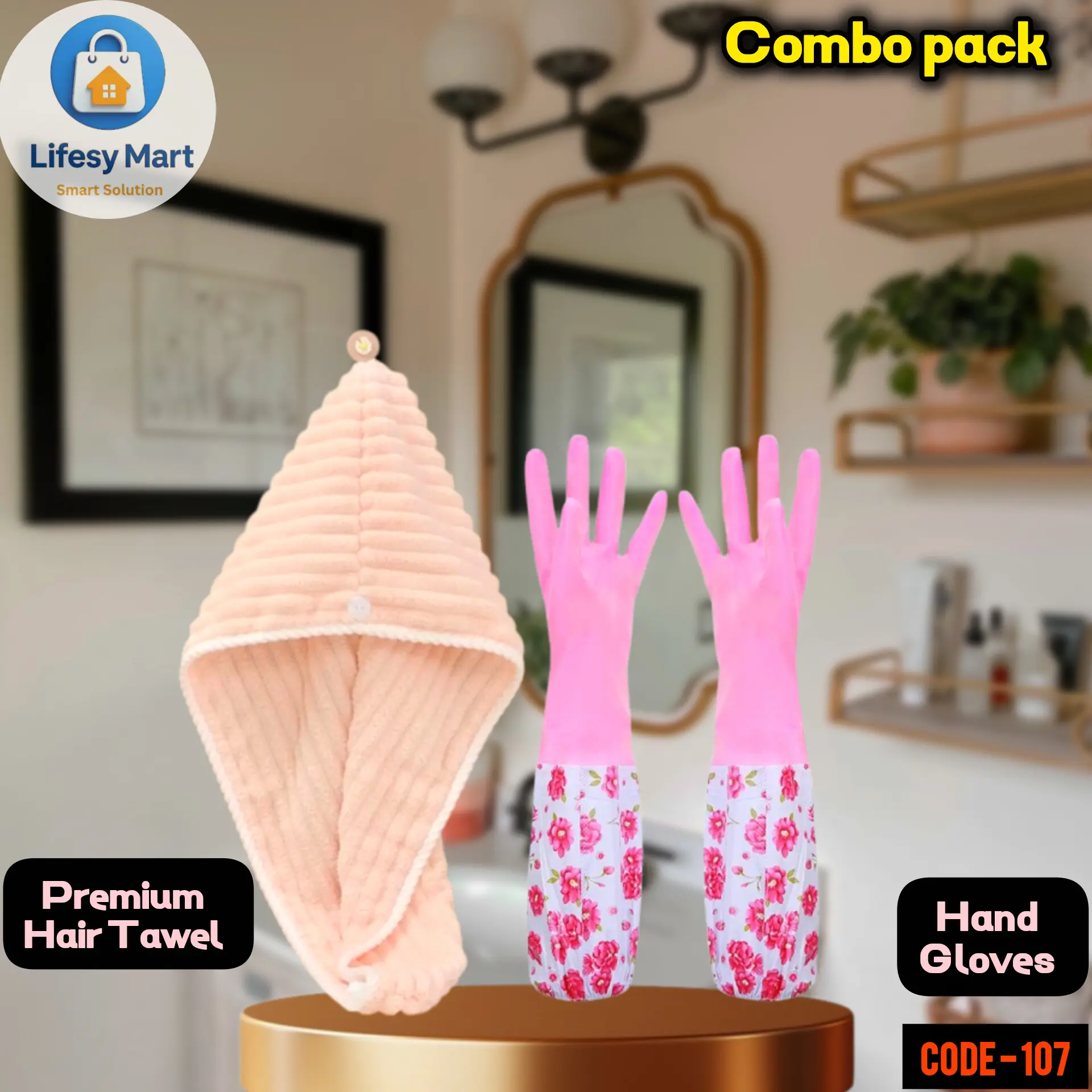 Picture of Super Absorbent Hair Towel Wrap & Winter Hand Gloves Combo Pack • Quick-Drying Hair Turban & Cold Water Protection Gloves • Perfect for Winter Multicolor