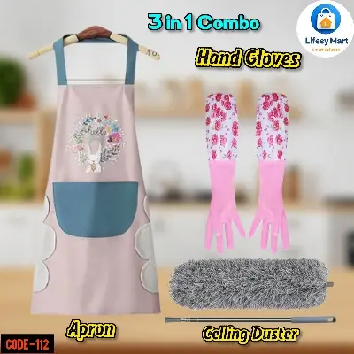 Picture of Winter Kitchen & Home Cleaning Combo Pack • Hand Gloves, Premium Apron & Flexible Microfiber Duster • Protect Hands, Clothes & High Areas
