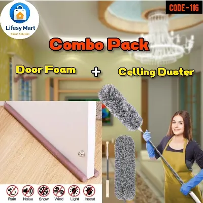 Picture of Flexible Door Draft Stopper & Extendable Microfiber Duster Combo Pack • Dust Blocking & High-Ceiling Cleaning Tool