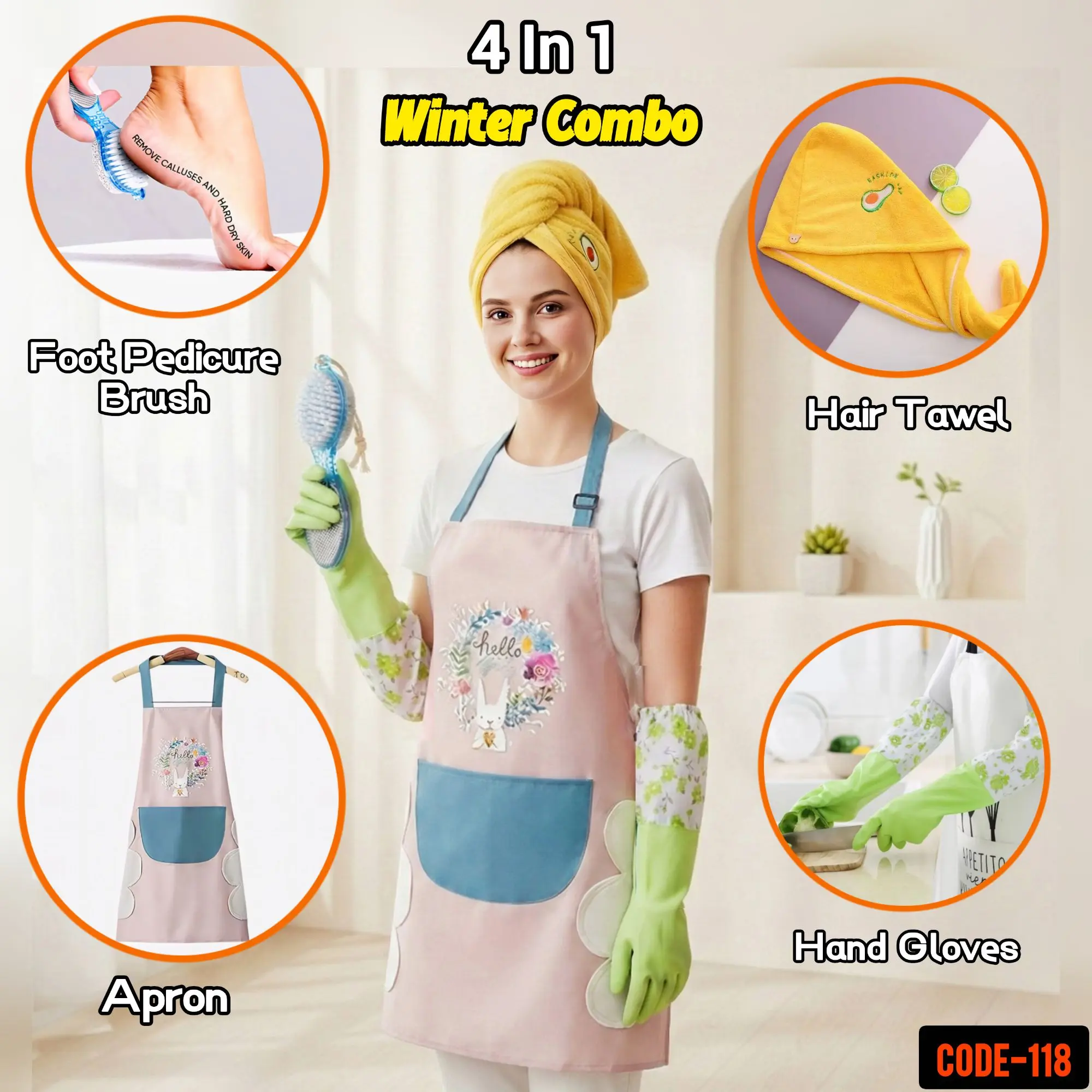 Picture of Winter Self-Care & Kitchen Combo Pack • Microfiber Hair Towel Wrap + Hand Gloves + Apron + Pedicure Foot Brush