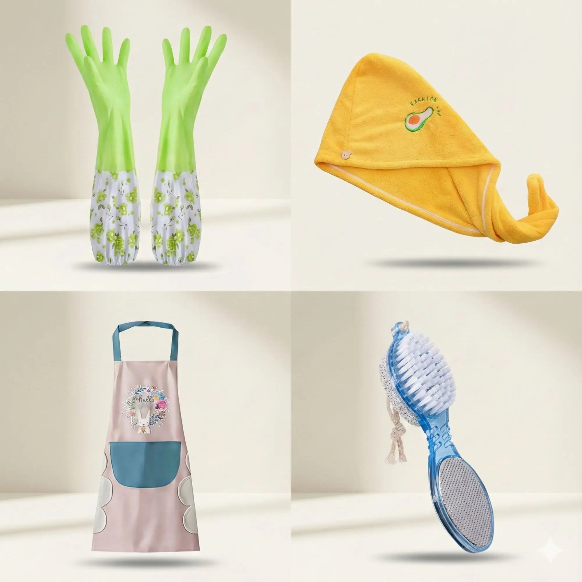 Picture of Winter Self-Care & Kitchen Combo Pack • Microfiber Hair Towel Wrap + Hand Gloves + Apron + Pedicure Foot Brush