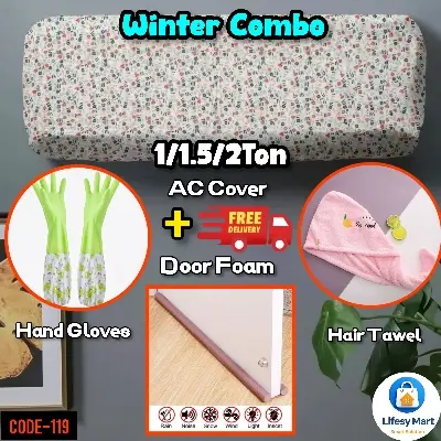 Picture of Winter Essentials Combo Pack • AC Cover + Door Foam + Hand Gloves + Microfiber Hair Towel Wrap • Home Comfort & Protection