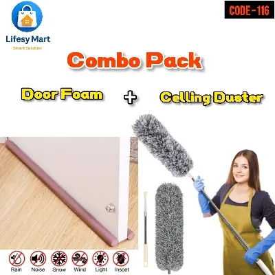 Picture of Flexible Door Draft Stopper & Extendable Microfiber Duster Combo Pack • Dust Blocking & High-Ceiling Cleaning Tool