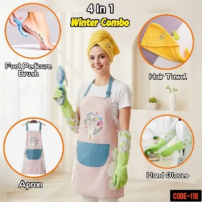Picture of Winter Self-Care & Kitchen Combo Pack • Microfiber Hair Towel Wrap + Hand Gloves + Apron + Pedicure Foot Brush